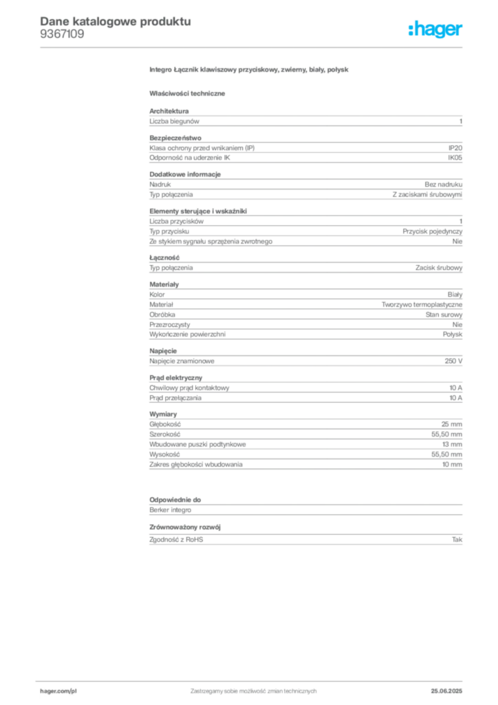 Zdjęcie Hager Karta katalogowa 9367109 | Hager Polska