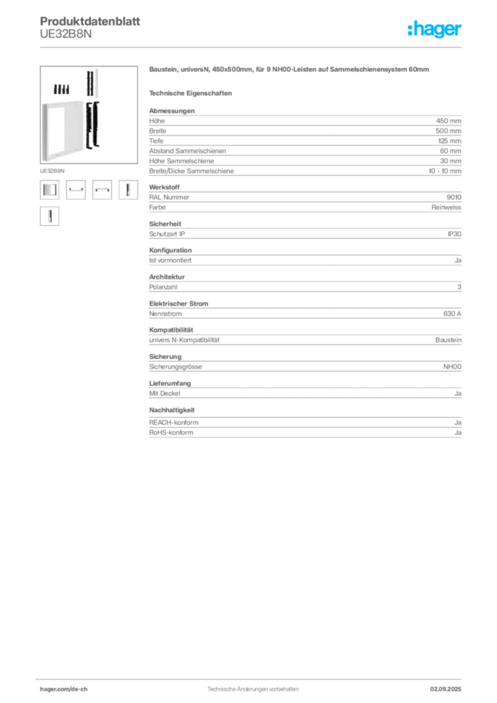 Bild Hager Produktdatenblatt UE32B8N | Hager Schweiz