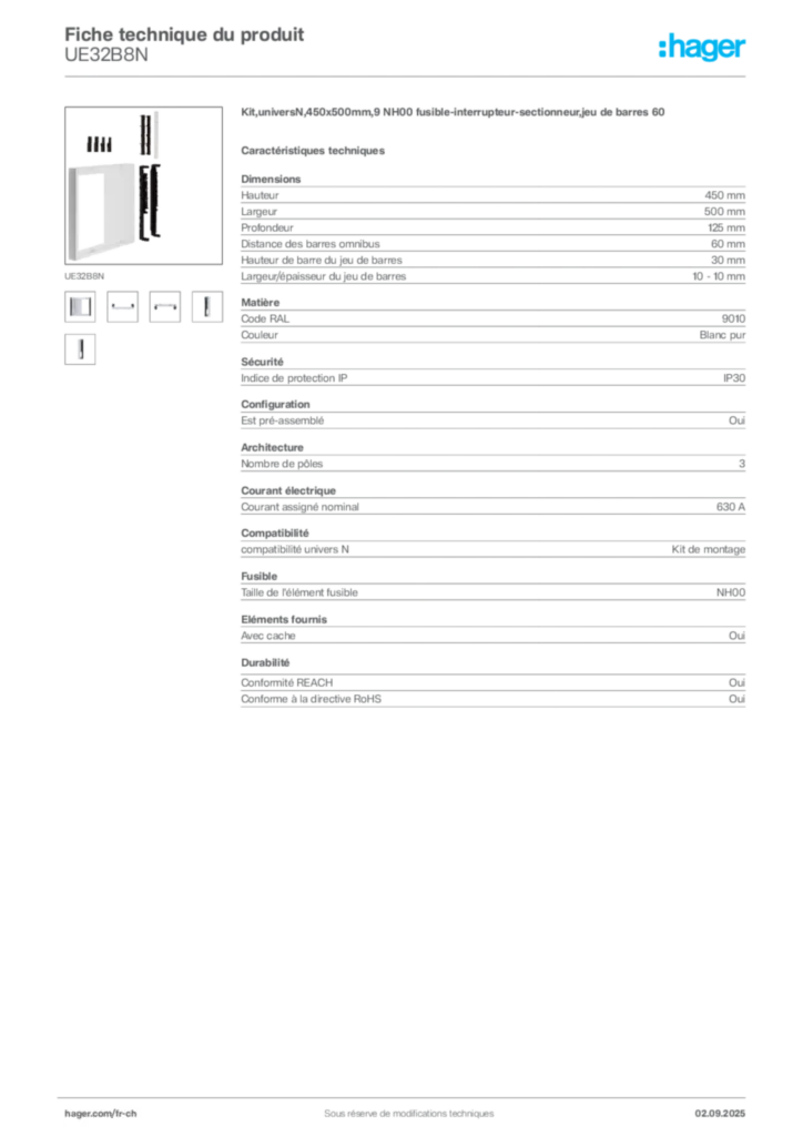 Image Hager Fiche technique du produit UE32B8N | Hager Suisse
