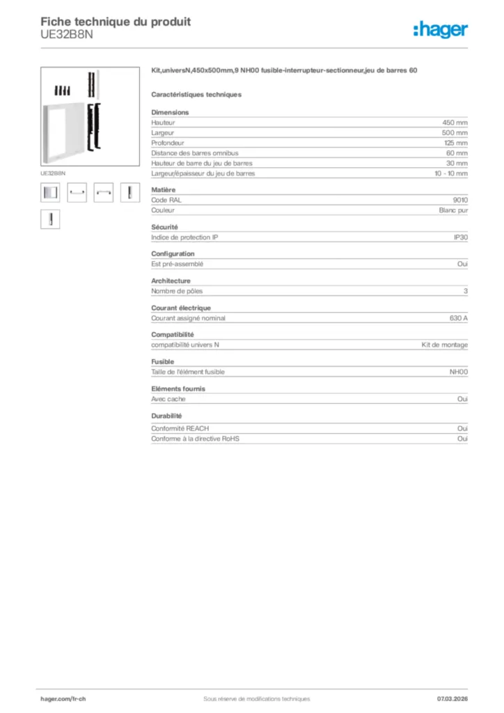 Image Hager Fiche technique du produit UE32B8N | Hager Suisse