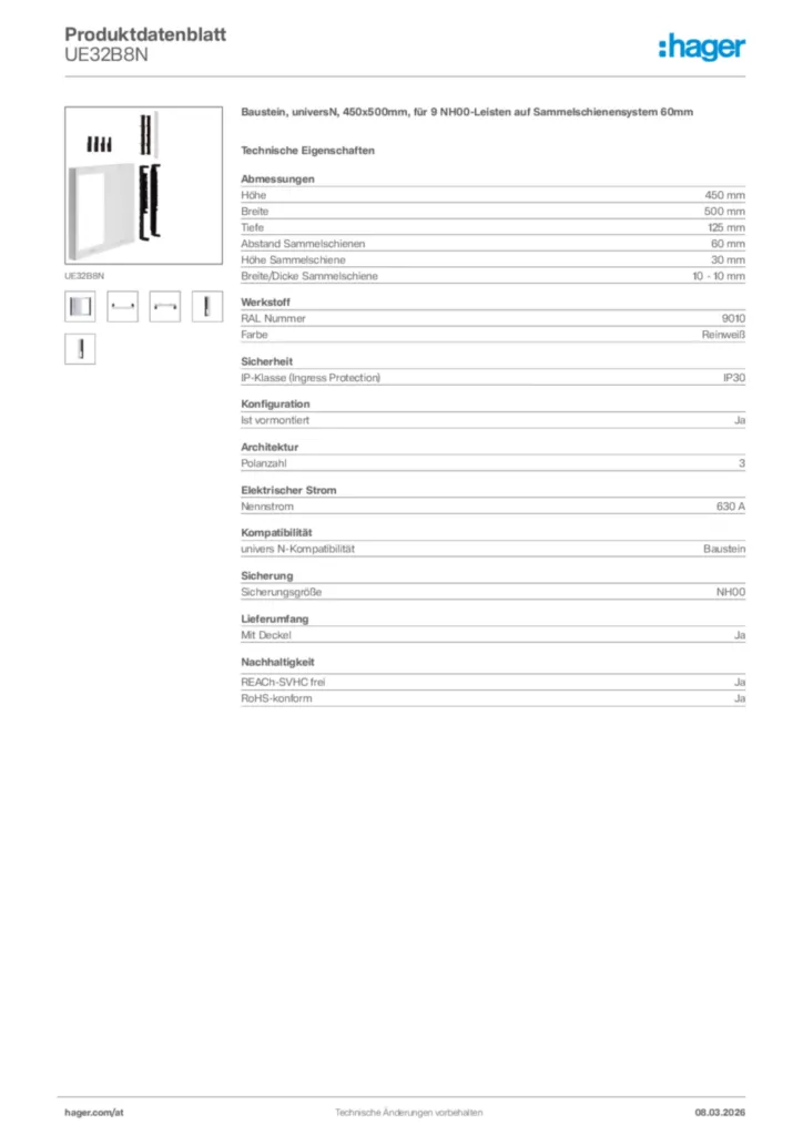 Bild Hager Produktdatenblatt UE32B8N | Hager Deutschland