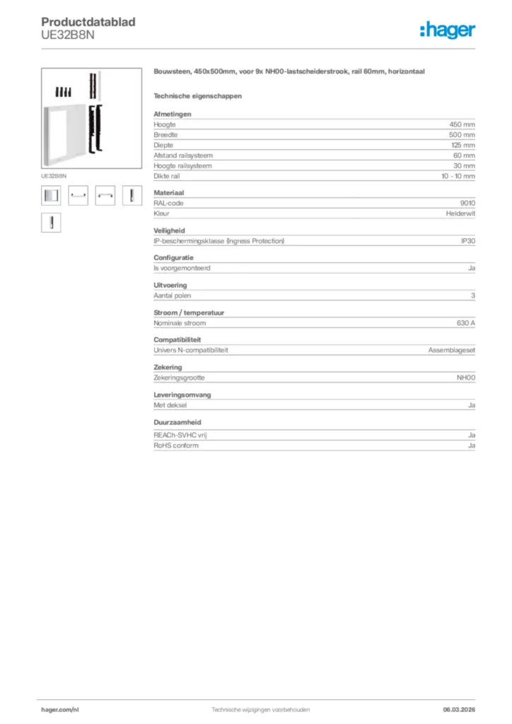 Afbeelding Hager Productdatablad UE32B8N | Hager Nederland