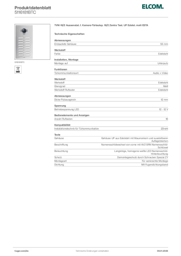 Bild Elcom Produktdatenblatt 5116181BTC | Hager Deutschland