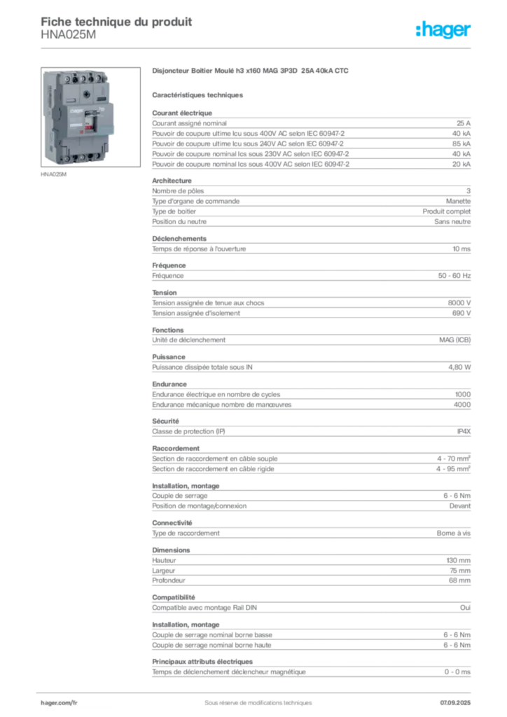 Image Hager Fiche technique du produit HNA025M | Hager France