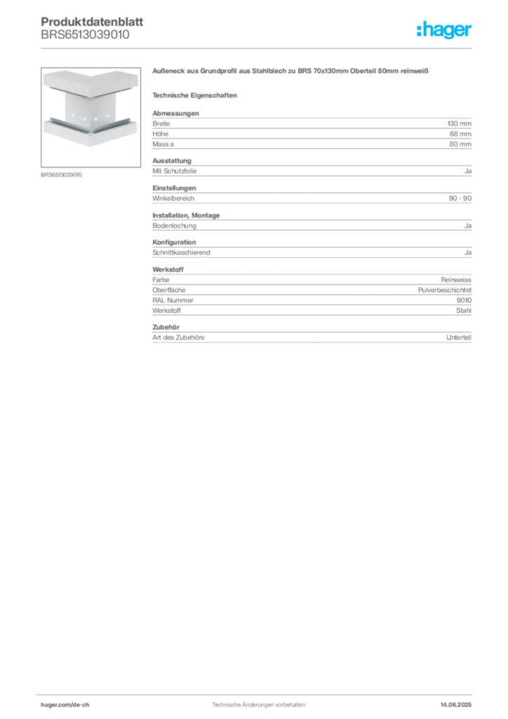 Bild Hager Produktdatenblatt BRS6513039010 | Hager Schweiz