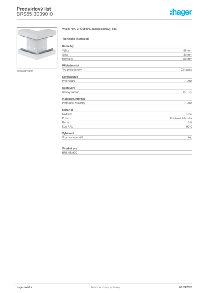 Obrázek Hager Produktový list BRS6513039010 | Hager