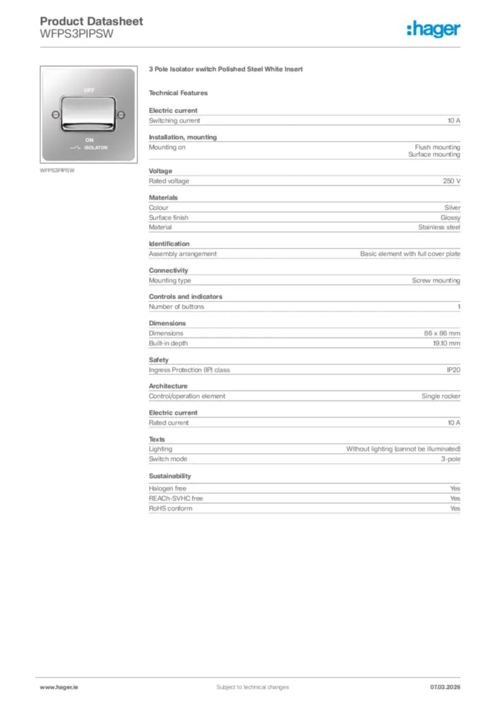 Image Hager Product data sheet WFPS3PIPSW  | Hager