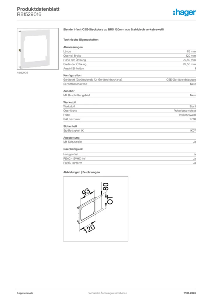 Bild Hager Produktdatenblatt R81529016 | Hager Deutschland