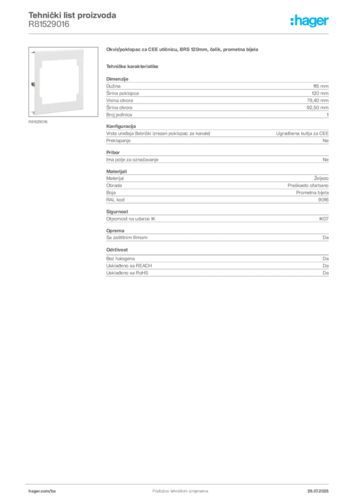 Slika Hager Product data sheet R81529016  | Hager