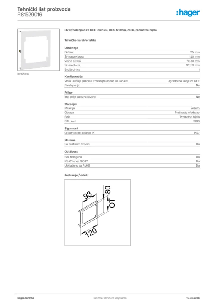 Slika Hager Tehnički list proizvoda R81529016  | Hager