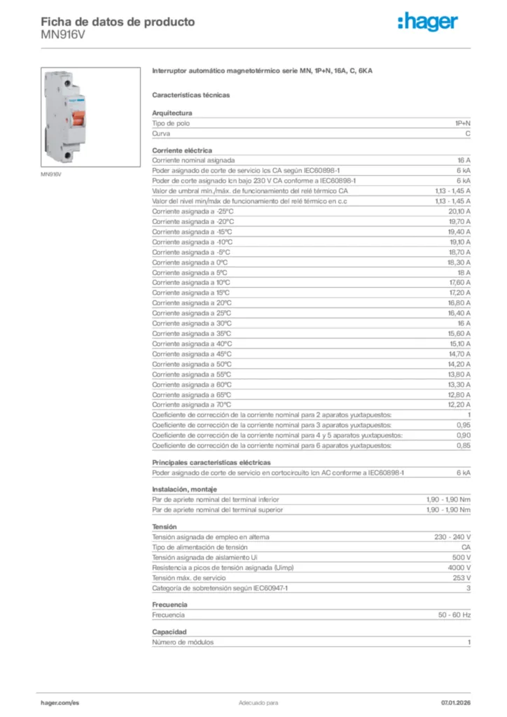 Imagen Hager Ficha de datos de producto MN916V | Hager España