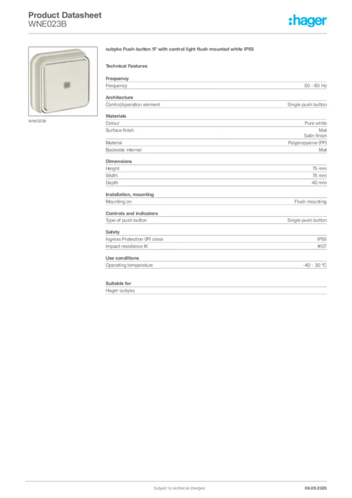 Image Hager Product data sheet WNE023B  | Hager Africa