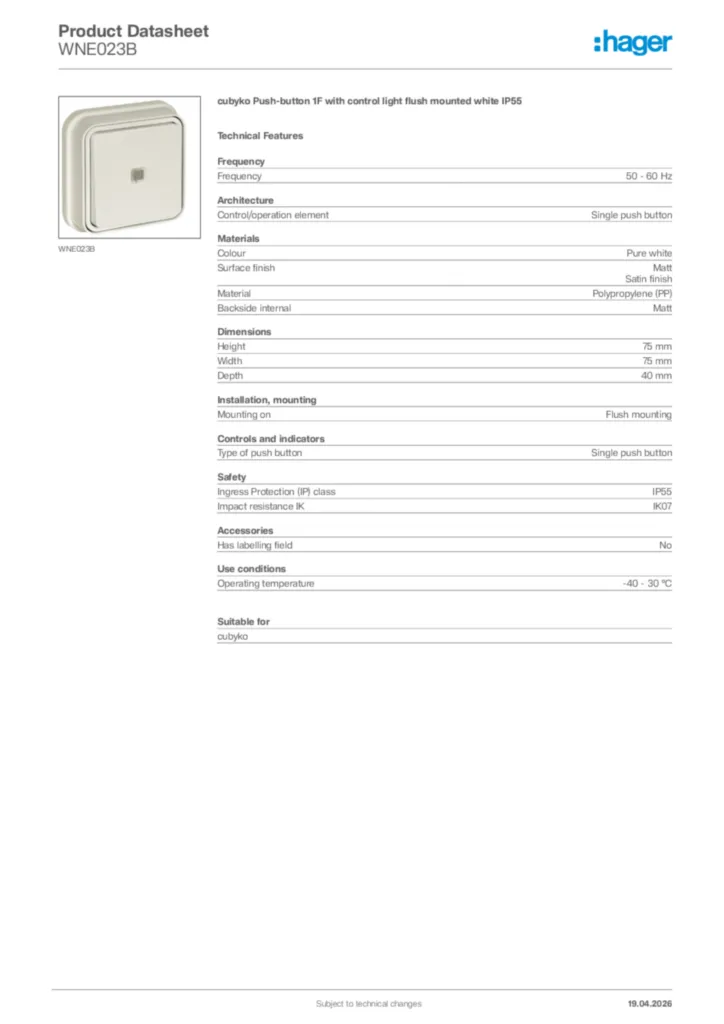Image Hager Product data sheet WNE023B  | Hager Africa