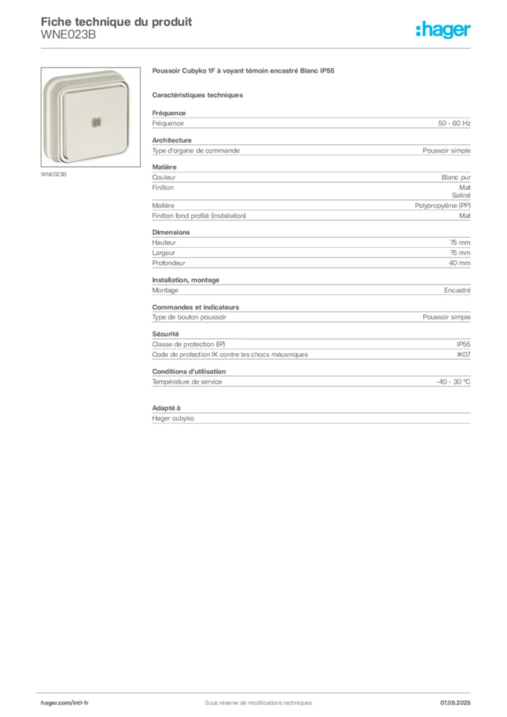 Image Hager Fiche technique du produit WNE023B | Hager Afrique