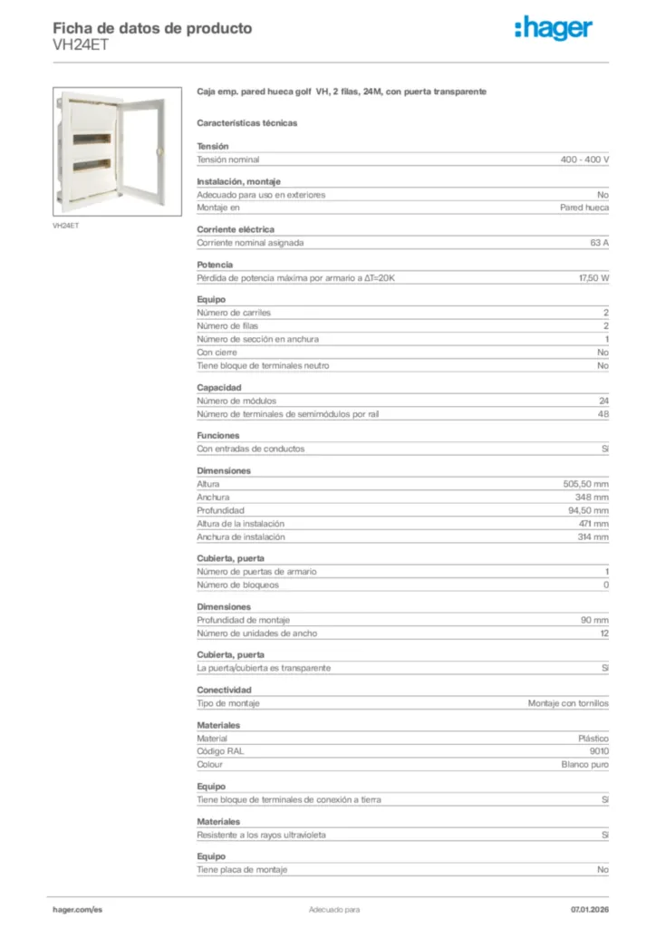 Imagen Hager Ficha de datos de producto VH24ET | Hager España