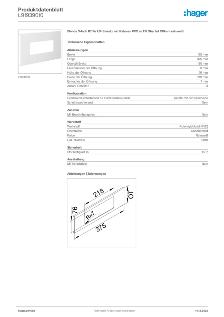 Bild Hager Produktdatenblatt L91939010 | Hager Deutschland