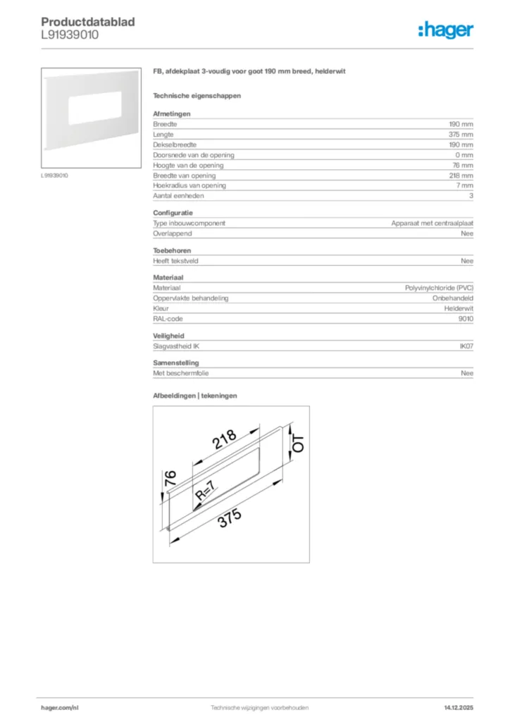 Afbeelding Hager Productdatablad L91939010 | Hager Nederland
