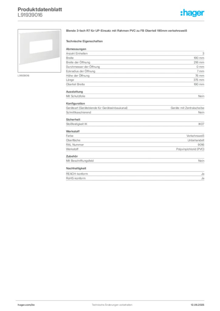 Hager Produktdatenblatt L91939016
