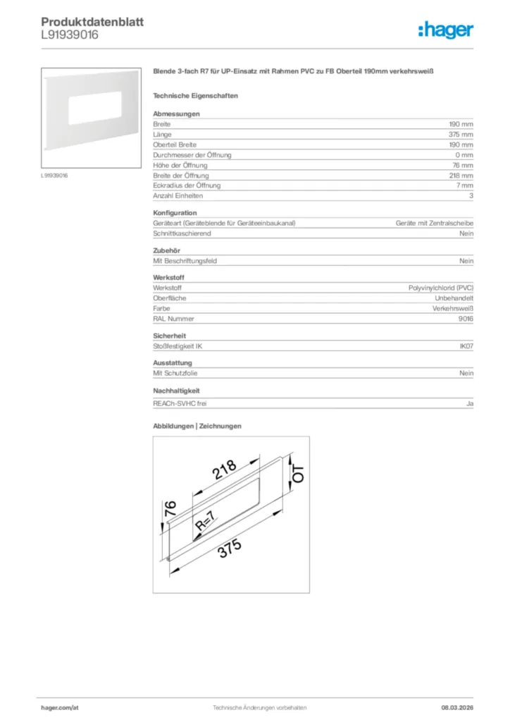 Bild Hager Produktdatenblatt L91939016 | Hager Deutschland