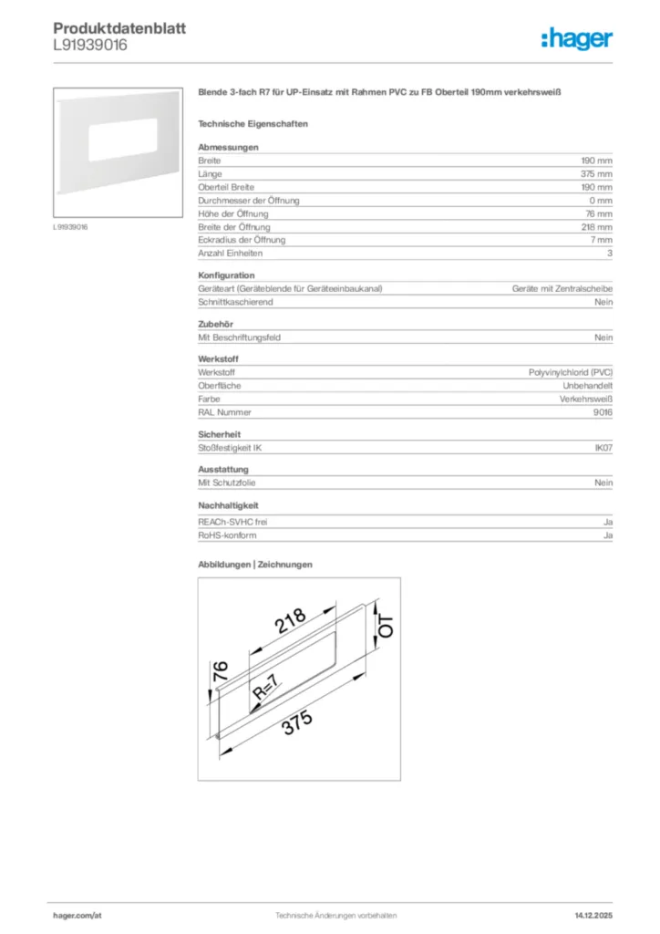 Bild Hager Produktdatenblatt L91939016 | Hager Deutschland