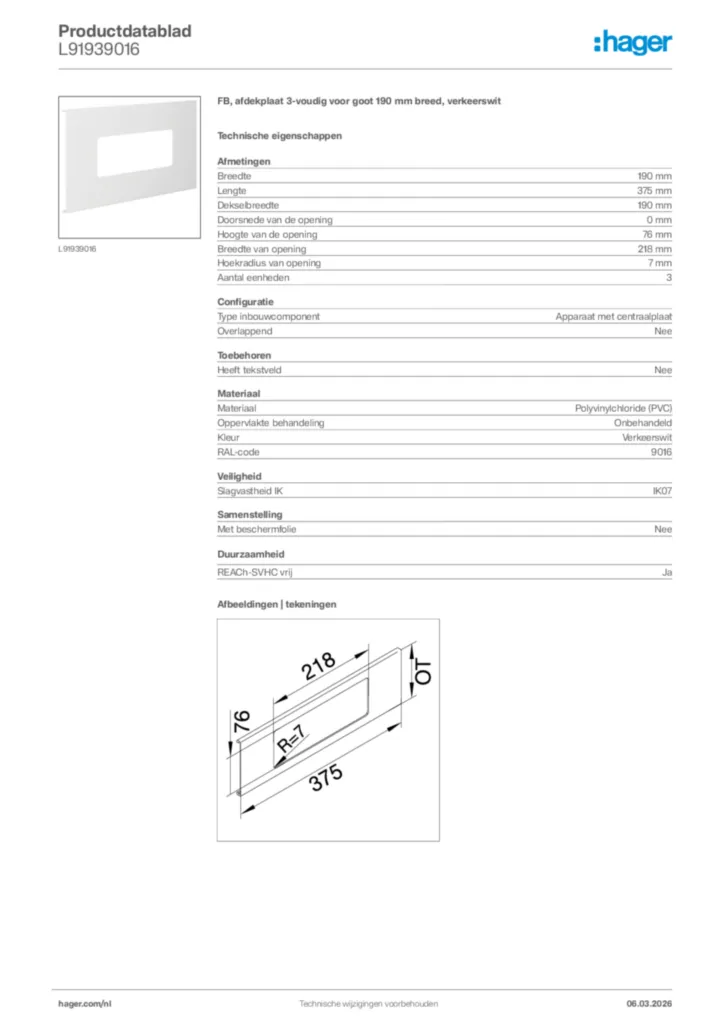 Afbeelding Hager Productdatablad L91939016 | Hager Nederland
