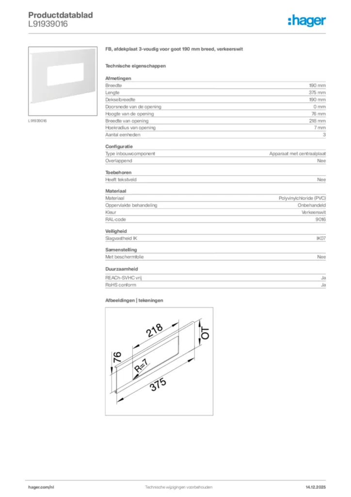 Afbeelding Hager Productdatablad L91939016 | Hager Nederland