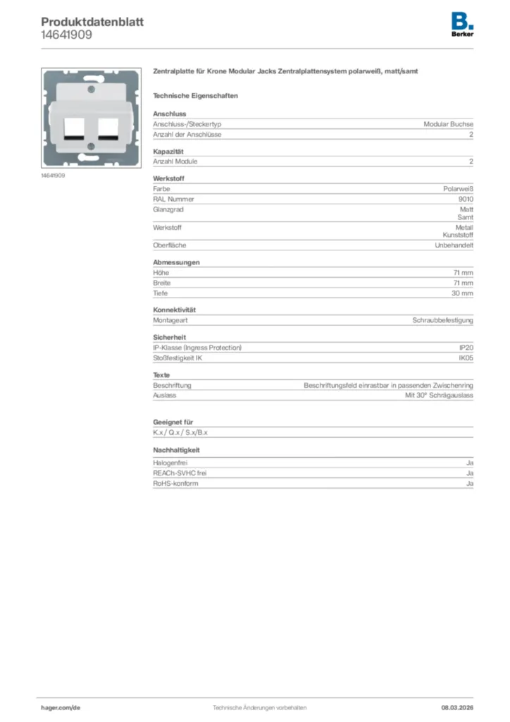 Bild Berker Produktdatenblatt 14641909 | Hager Deutschland