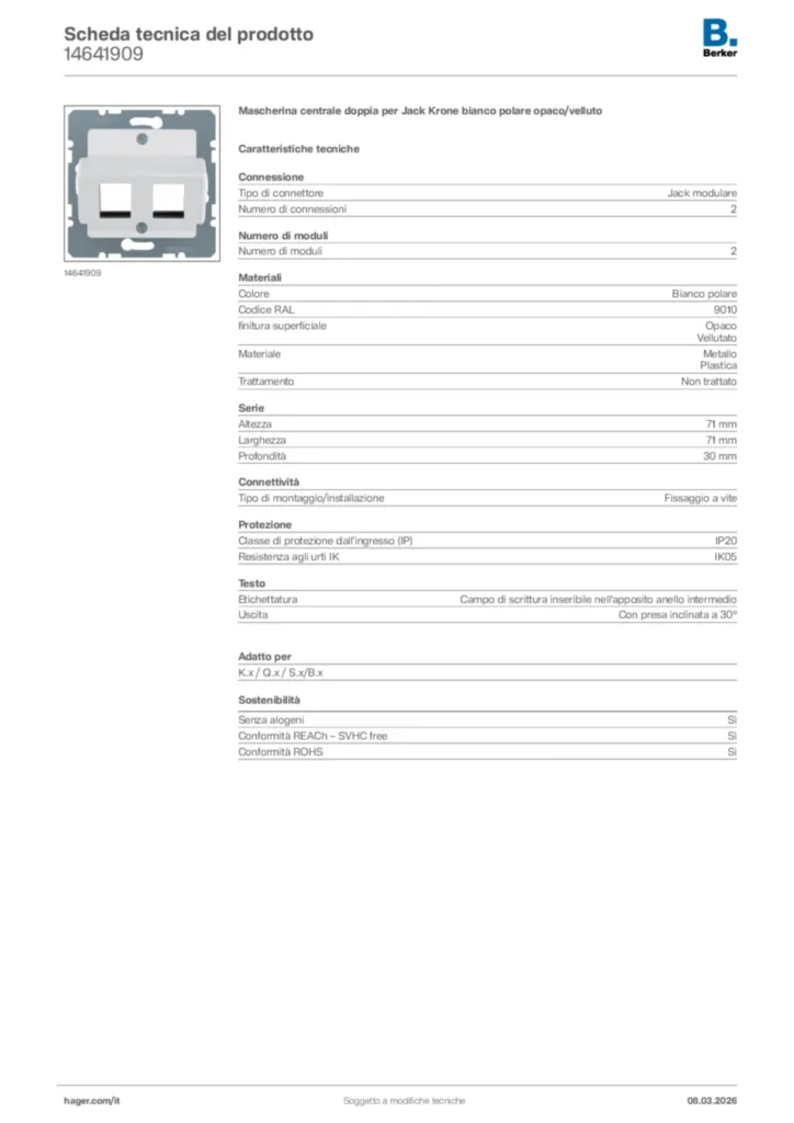 Immagine Berker Scheda tecnica del prodotto 14641909 | Hager Italia