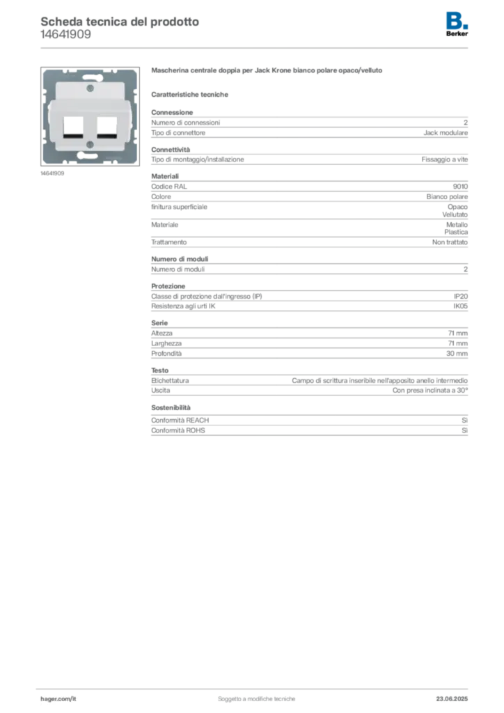 Immagine Berker Scheda tecnica del prodotto 14641909 | Hager Italia