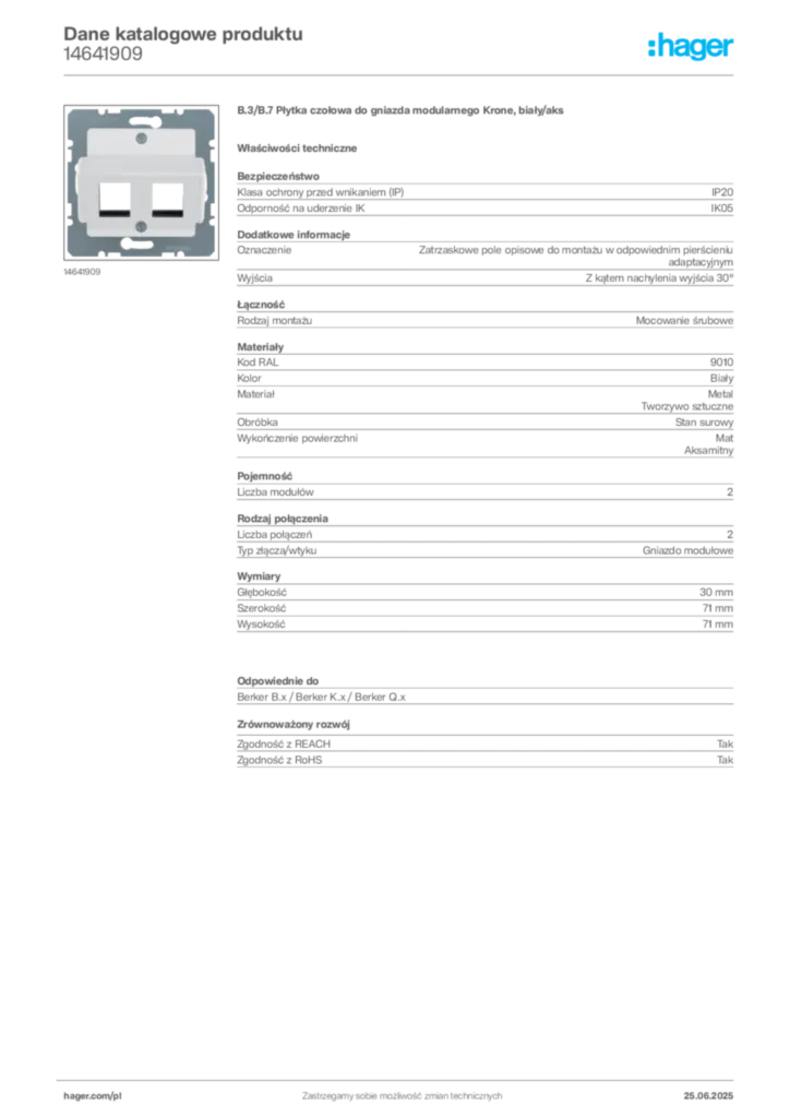 Zdjęcie Hager Karta katalogowa 14641909 | Hager Polska