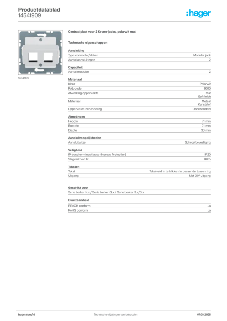 Afbeelding Hager Productdatablad 14641909 | Hager Nederland