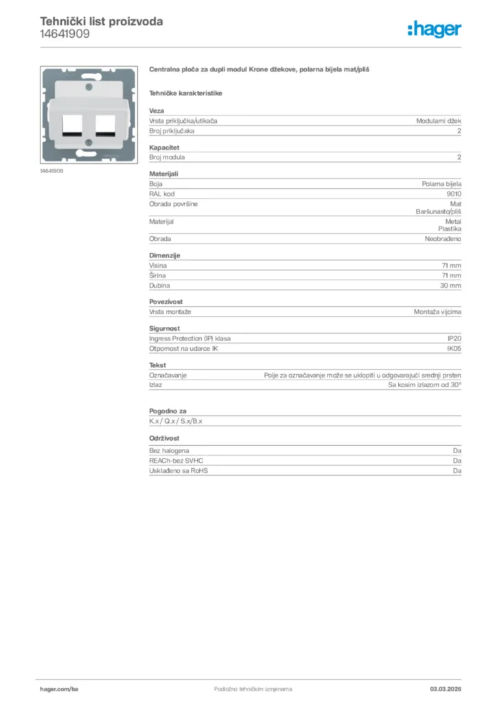 Slika Hager Tehnički list proizvoda 14641909  | Hager