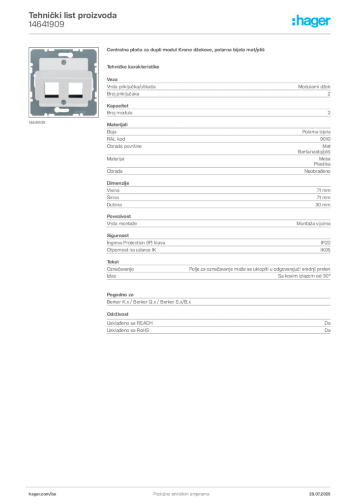 Slika Hager Product data sheet 14641909  | Hager