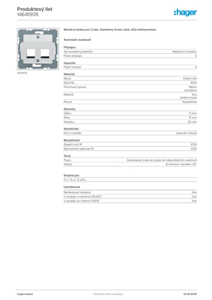 Obrázek Hager Product data sheet 14641909 | Hager