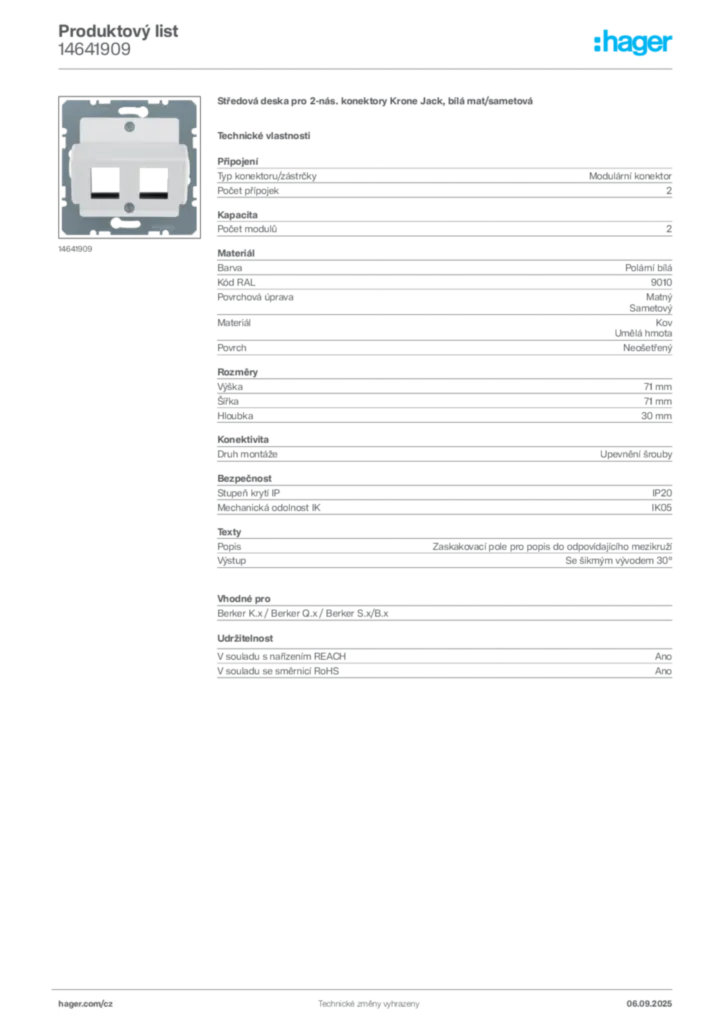 Obrázek Hager Produktový list 14641909 | Hager