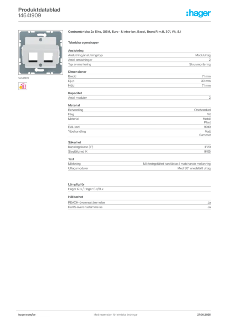 Bild Hager Produktdatablad 14641909 | Hager Sverige