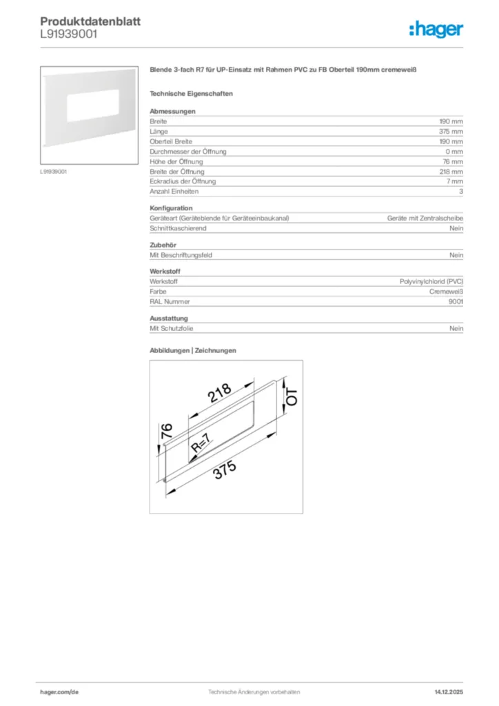 Bild Hager Produktdatenblatt L91939001 | Hager Deutschland