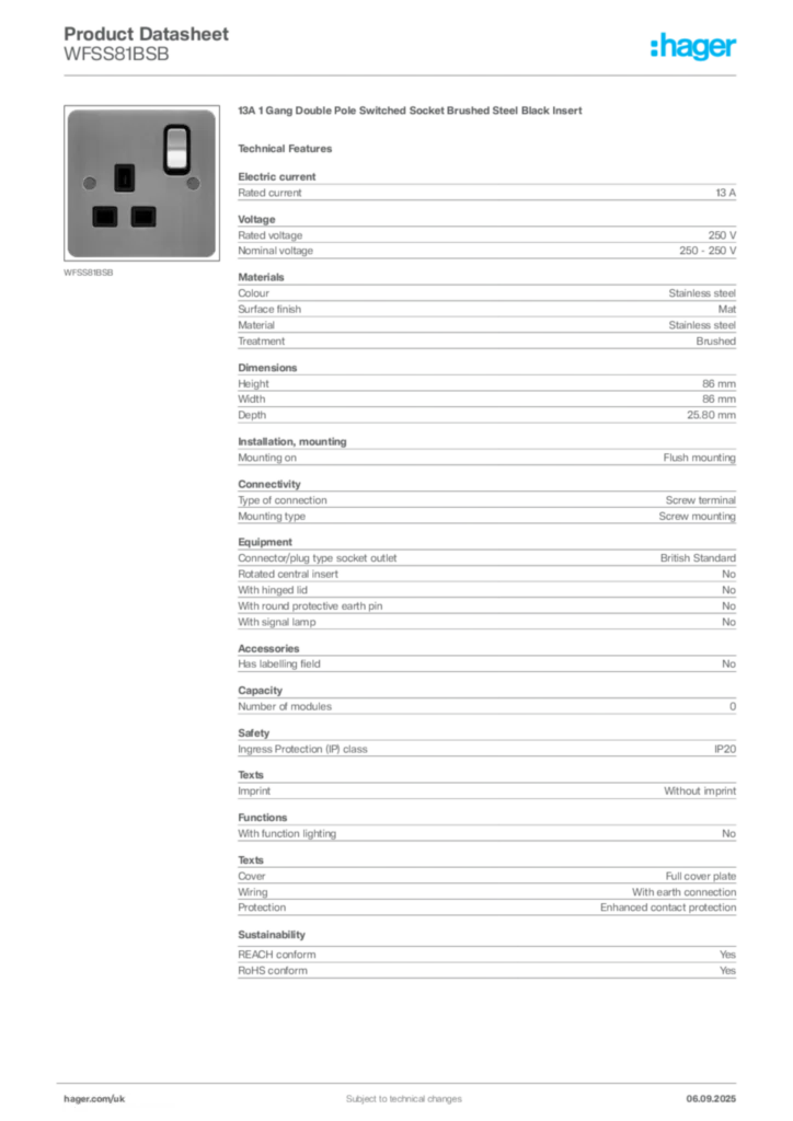 Image Hager Product data sheet WFSS81BSB  | Hager