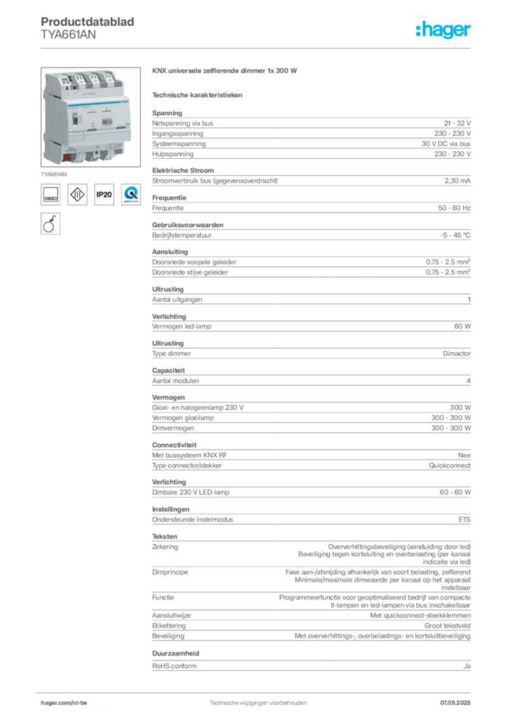 Afbeelding Hager Productdatablad TYA661AN | Hager Belgium