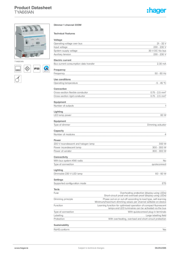 Image Hager Product data sheet TYA661AN  | Hager