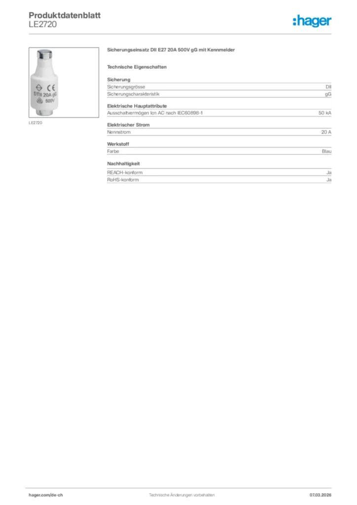 Bild Hager Produktdatenblatt LE2720 | Hager Schweiz