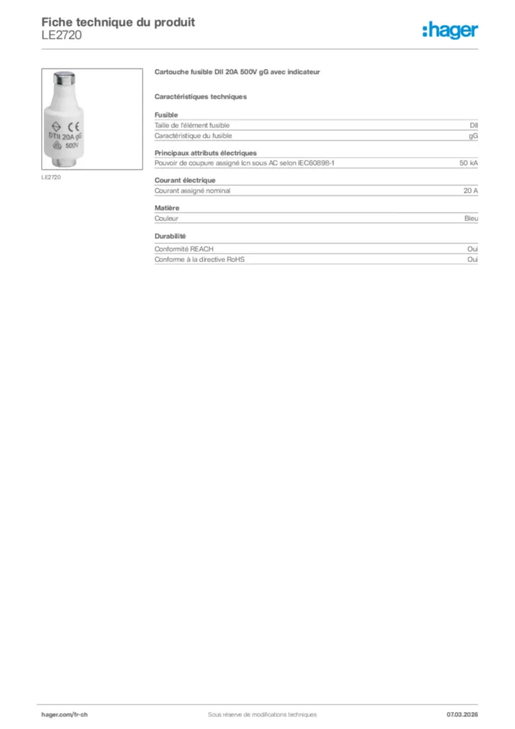 Image Hager Fiche technique du produit LE2720 | Hager Suisse