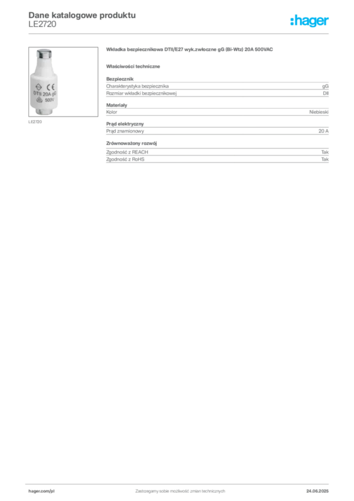 Zdjęcie Hager Karta katalogowa LE2720 | Hager Polska