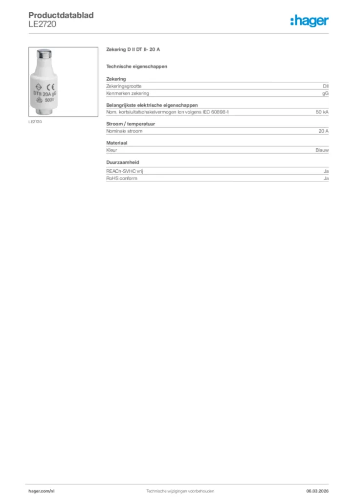 Afbeelding Hager Productdatablad LE2720 | Hager Nederland