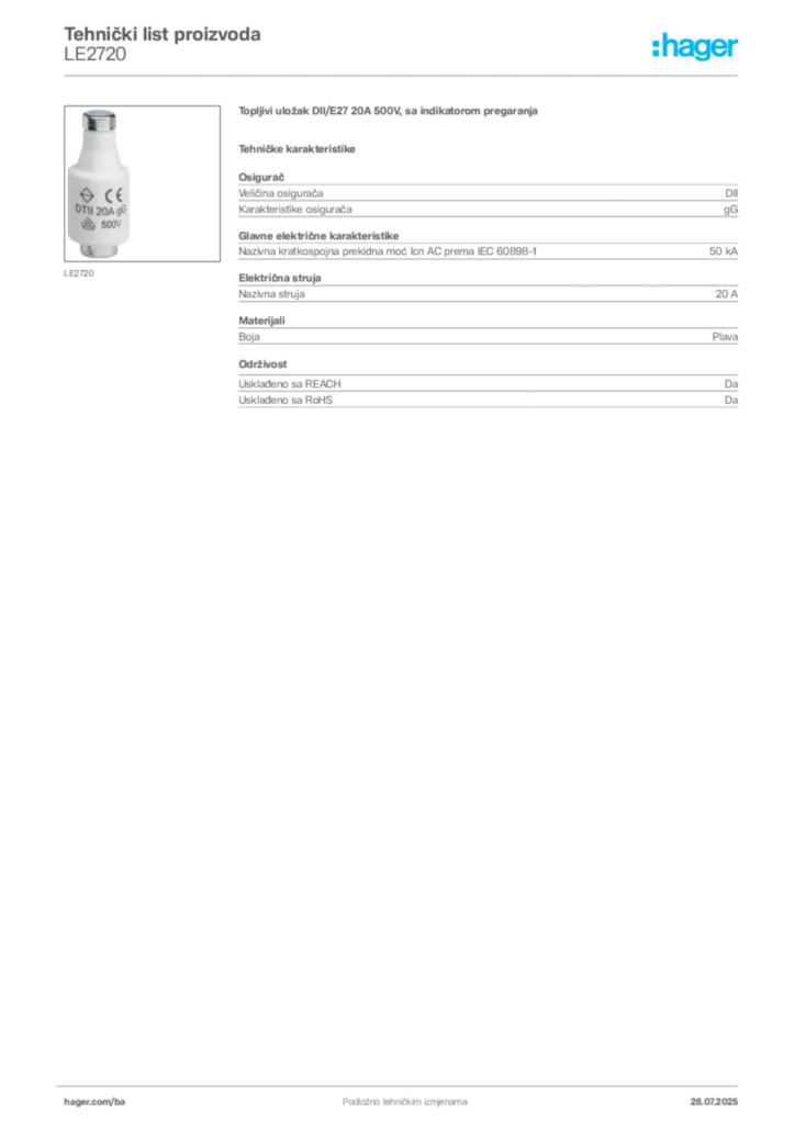 Slika Hager Product data sheet LE2720  | Hager