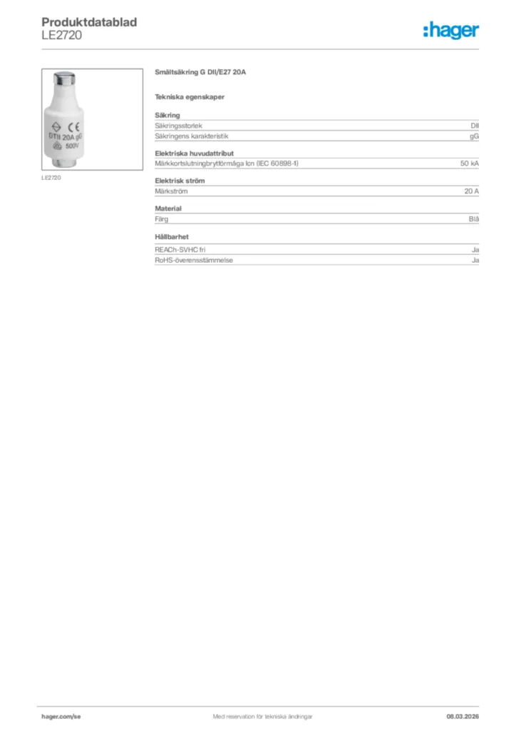 Bild Hager Produktdatablad LE2720 | Hager Sverige