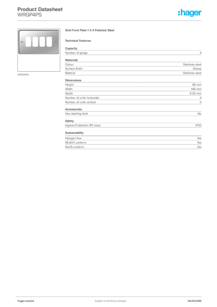 Image Hager Product data sheet WRGP4PS  | Hager