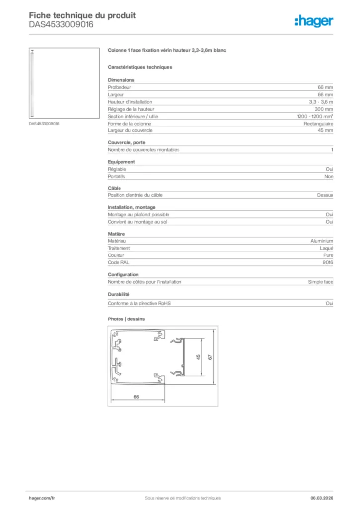 Image Hager Fiche technique du produit DAS4533009016 | Hager France