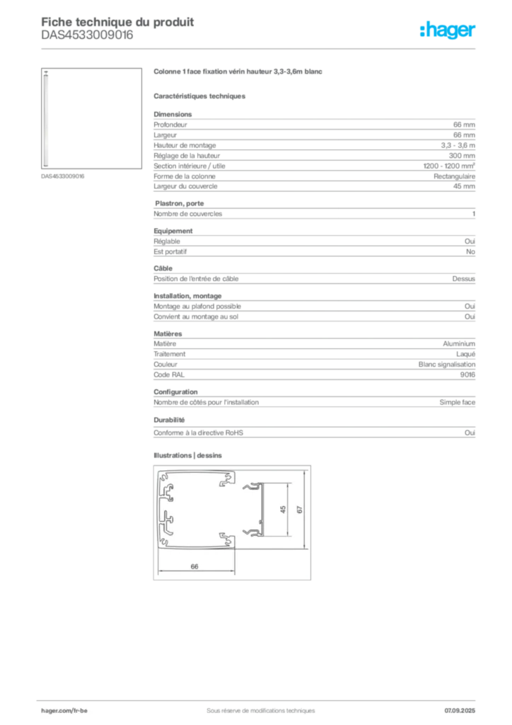 Image Hager Fiche technique du produit DAS4533009016 | Hager Belgique