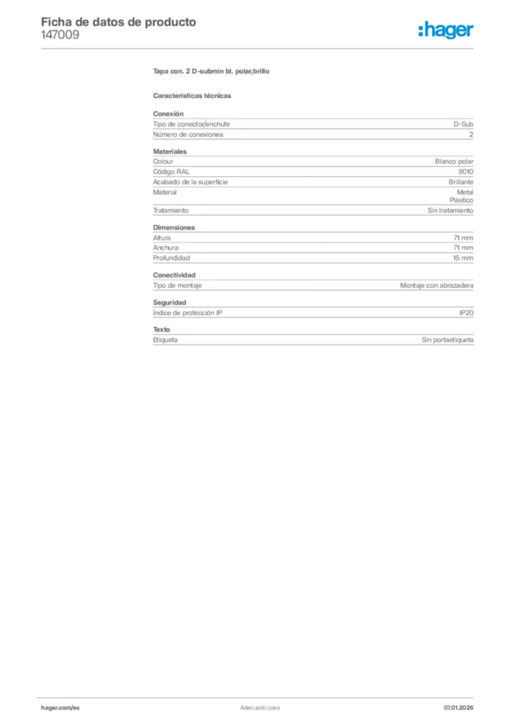 Imagen Hager Ficha de datos de producto 147009 | Hager España